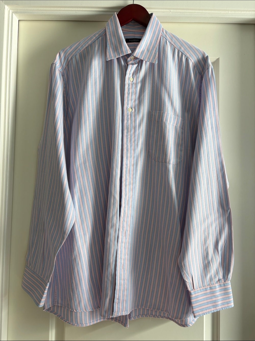 Burberry Pink and Light Blue Striped Dress Shirt